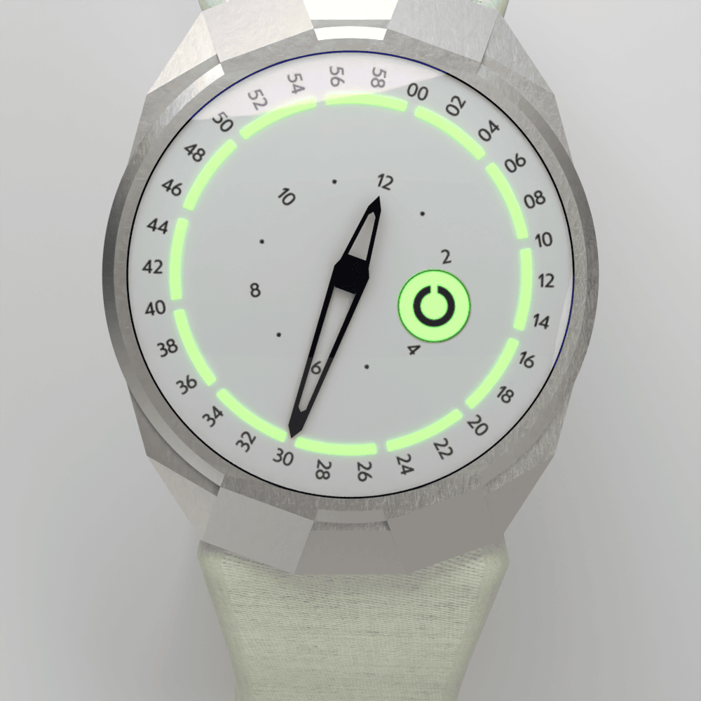The Debut dial, rotated 20 degrees for natural reading on the wrist.