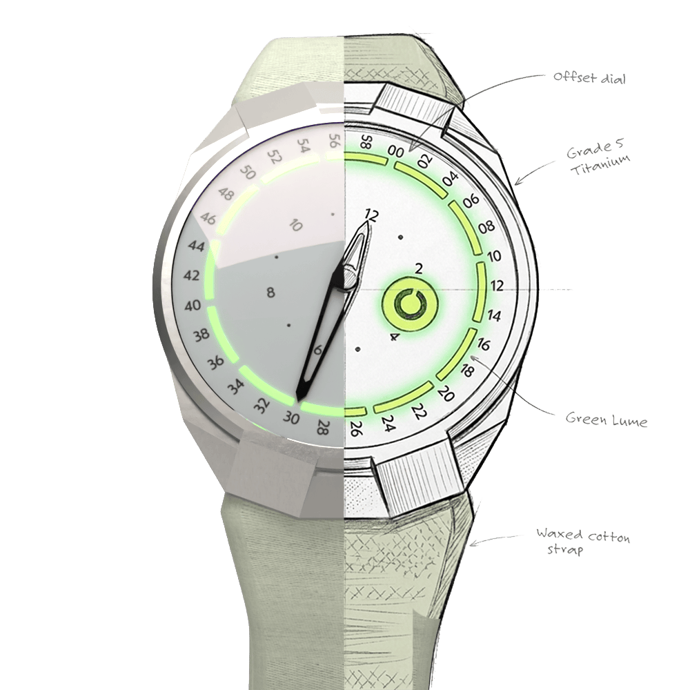 The Debut shown half as a finished render, half as a design sketch, annotated with its offset dial, Grade 5 titanium case, green lume and waxed cotton strap.