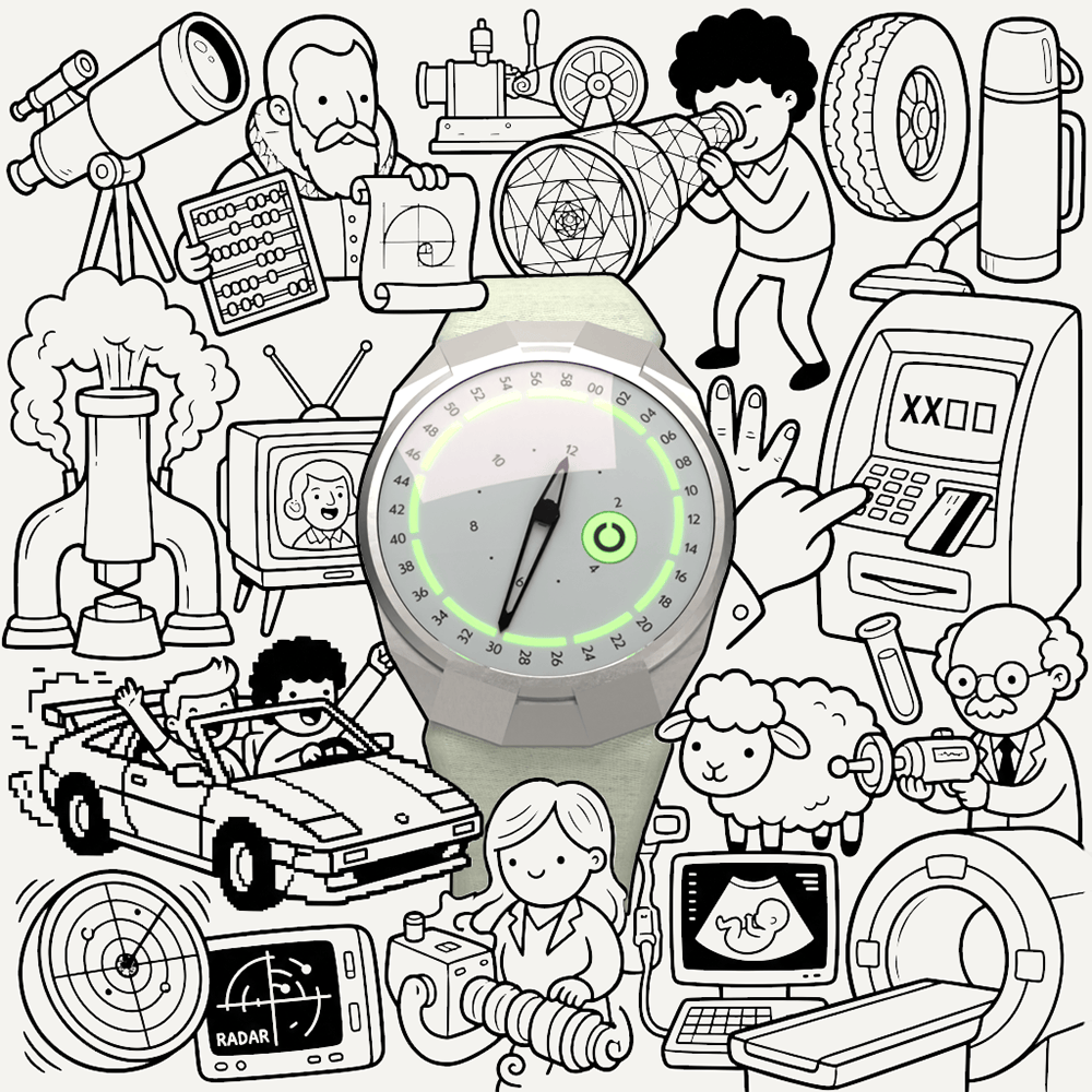 A doodle collage of Scottish inventions around the Debut watch, on a paper background.